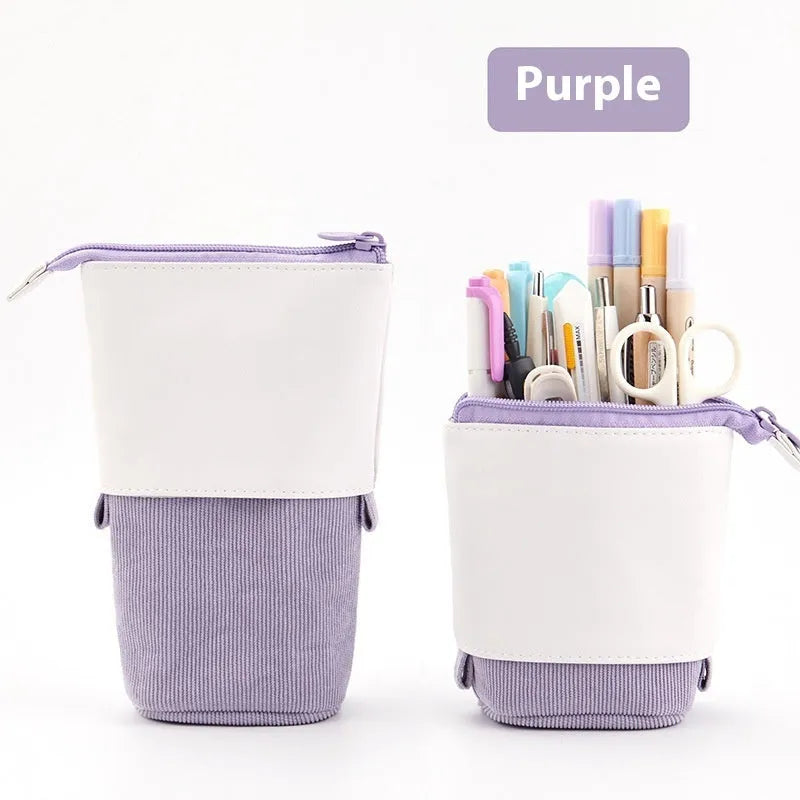 Korean-style telescopic drop-down stationery case in purple PU corduroy fabric.