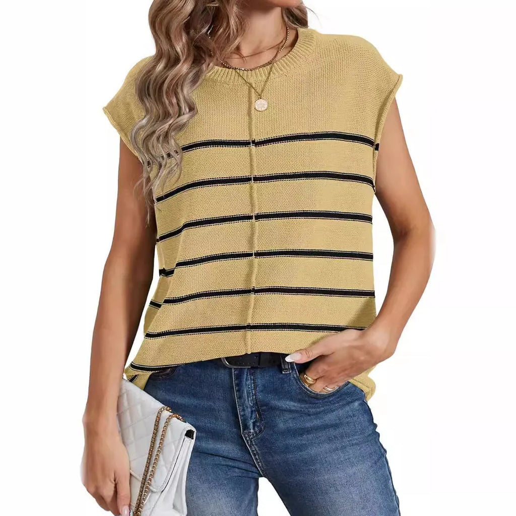 Women's striped sleeveless pullover vest in acrylic fabric with bone stitching detail
