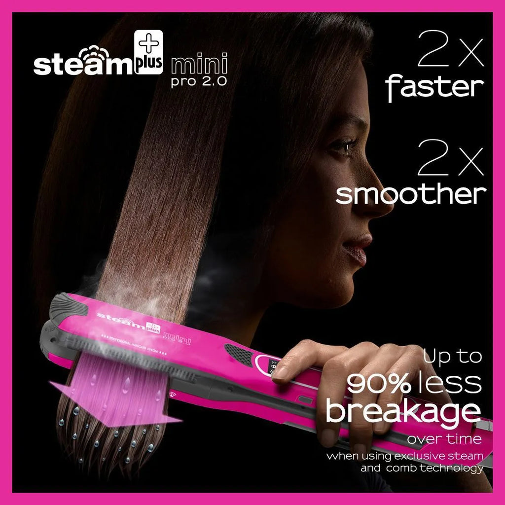 Mini steam hair straightener in champagne colour with steam vents and styling plates