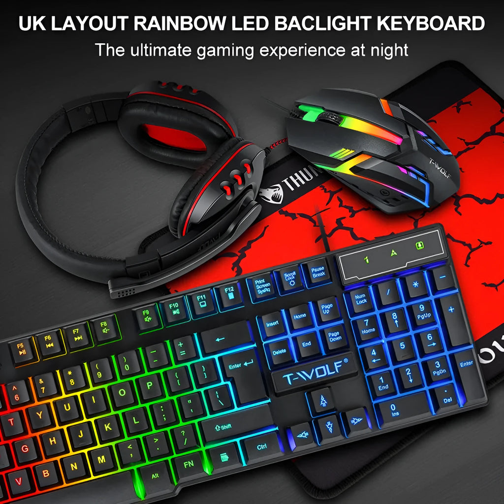 Thunder Wolf T800 wired USB gaming keyboard and mouse bundle set with headset and mouse mat on desk