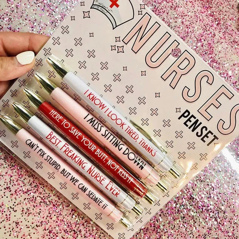 Five nurse-themed retractable ballpoint pens showing two refill colour variations