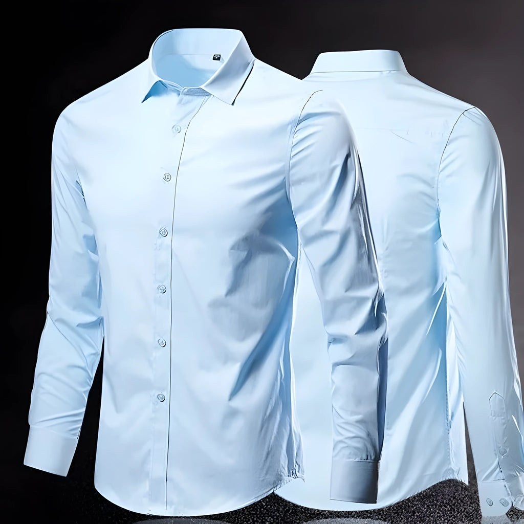 Men's loose-fit long-sleeve linen shirt in black, shown on a model.
