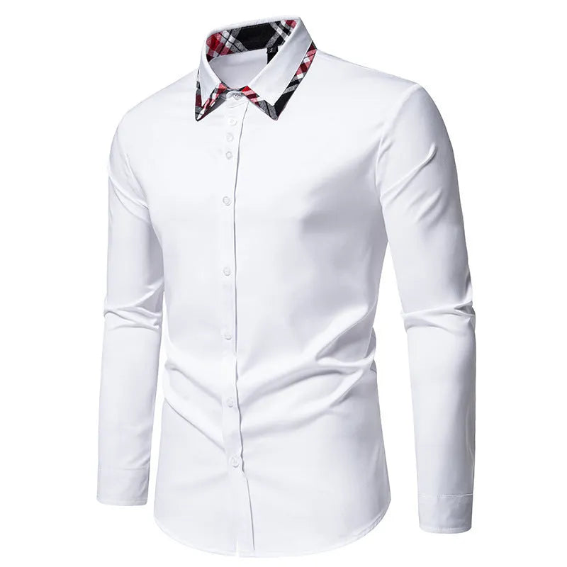 Men's plaid shirt with triangle collar and contrast colour panels in polyester blend fabric