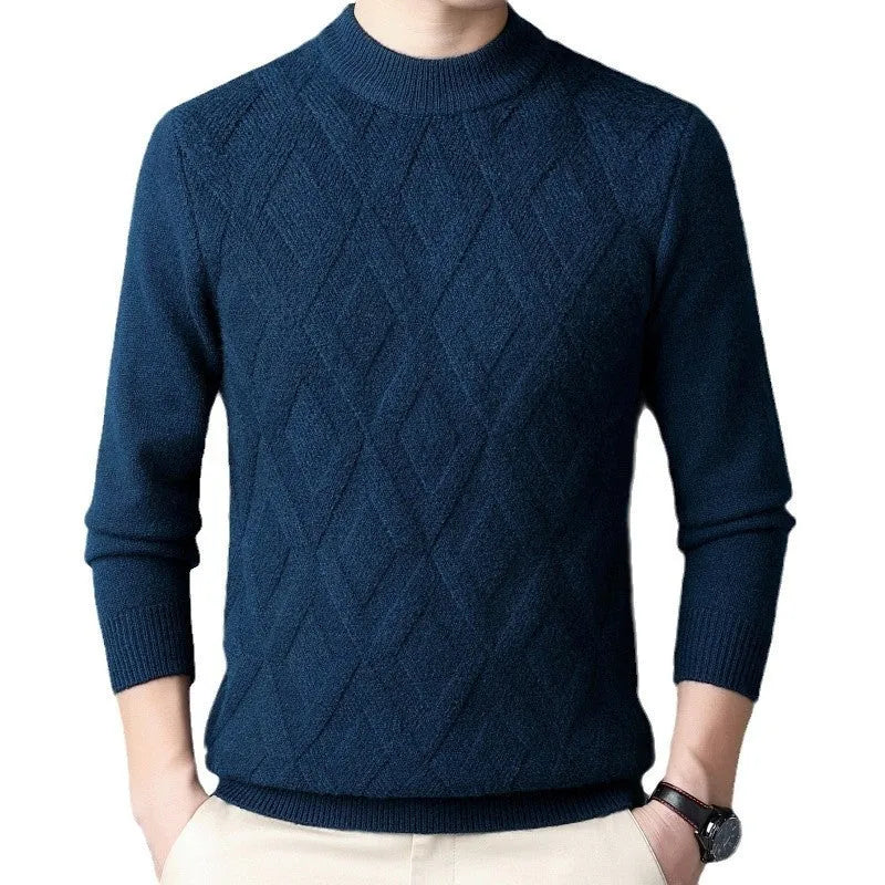 Men's thick grey diamond jacquard wool blend thermal pullover sweater on a hanger.