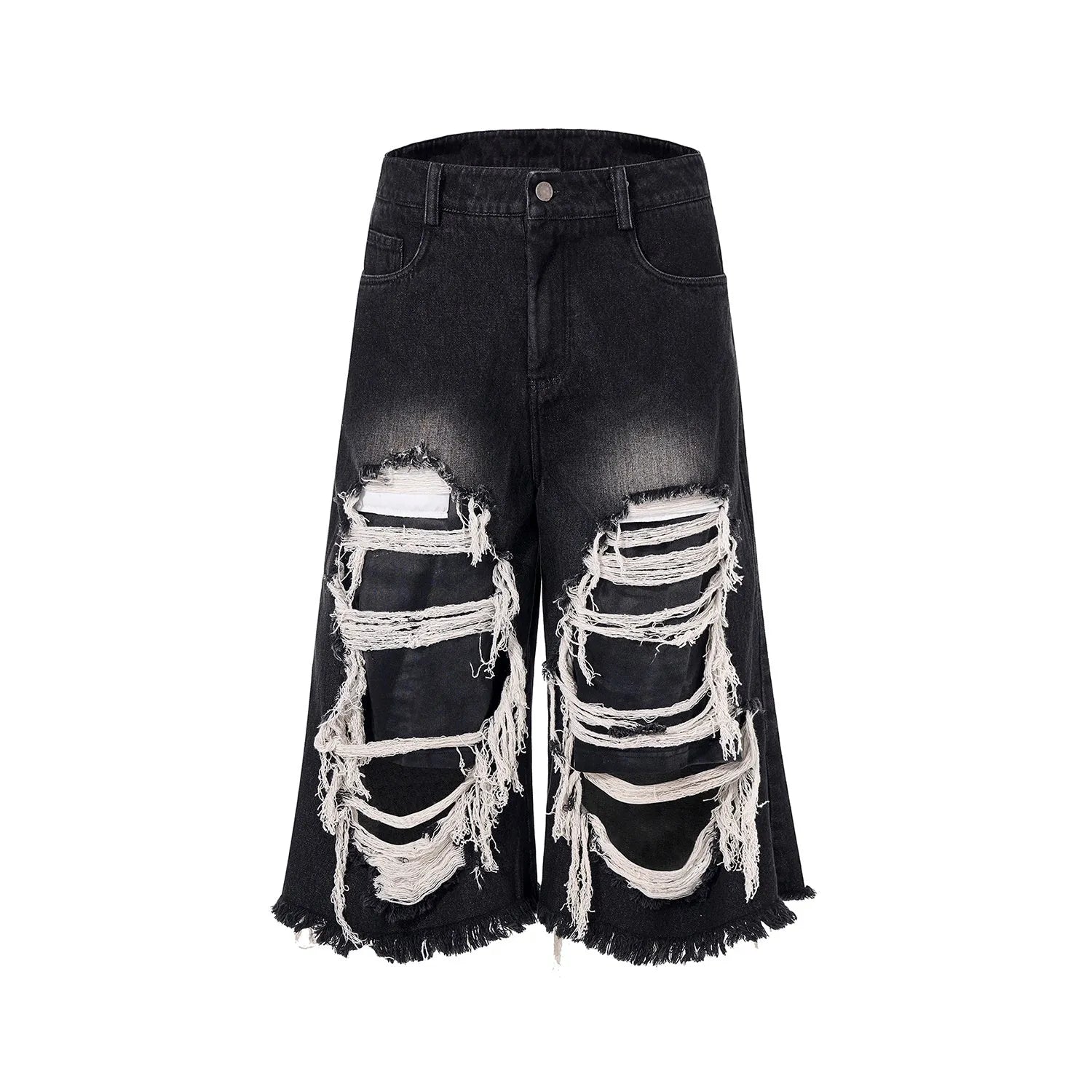 Black cropped wide leg jeans with ripped patch details and mid-high waist