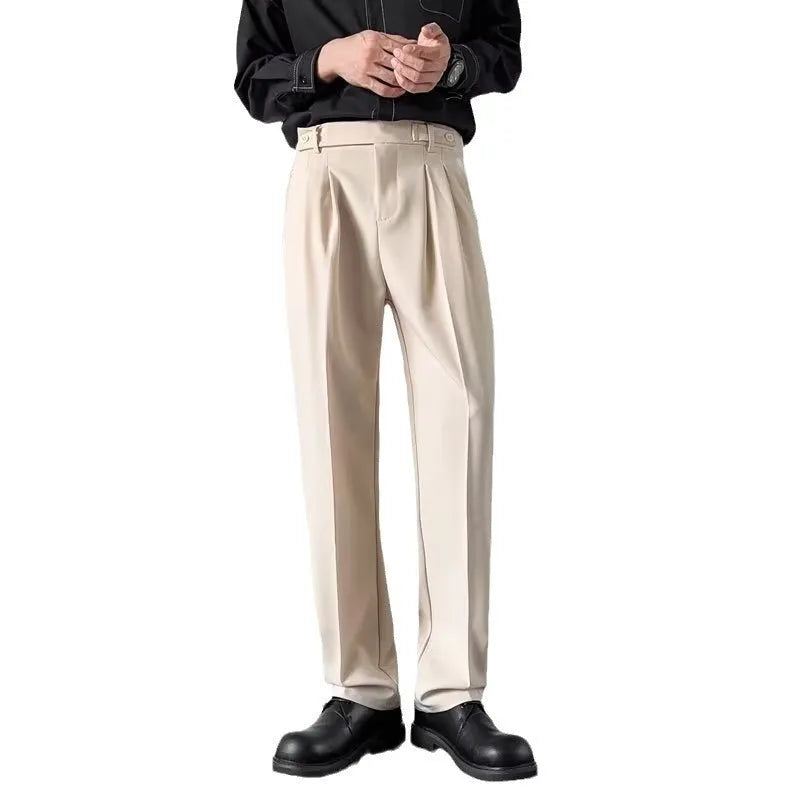 Men's straight loose fit suit trousers in apricot and black colours, made from polyester fabric.