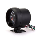 Black universal automotive tachometer with blue light pointer and scale showing rpm.