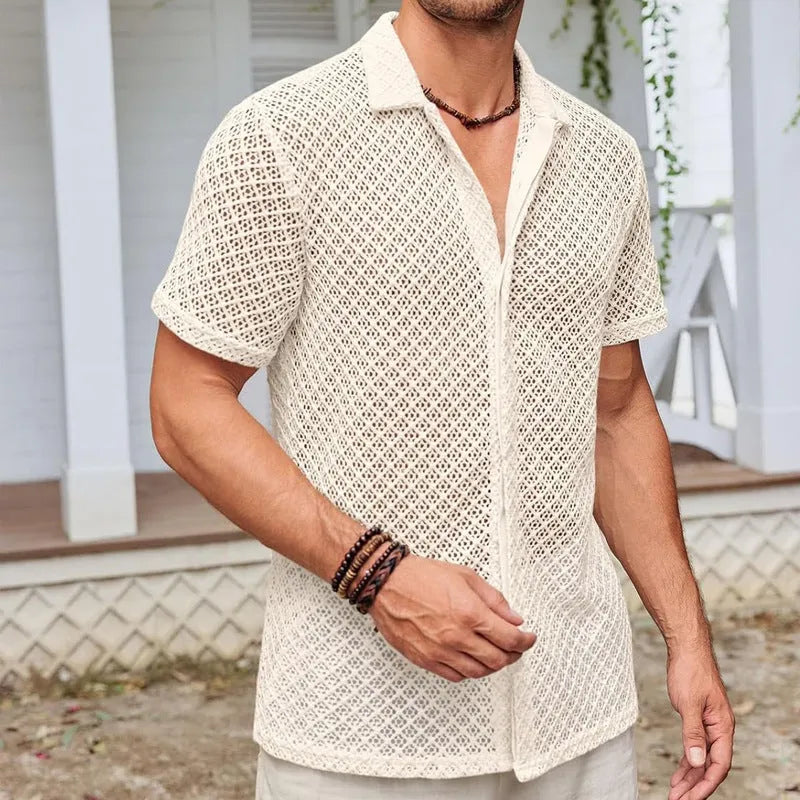 Man wearing a beige short sleeve lapel cardigan shirt on a beach