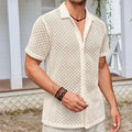 Man wearing a beige short sleeve lapel cardigan shirt on a beach
