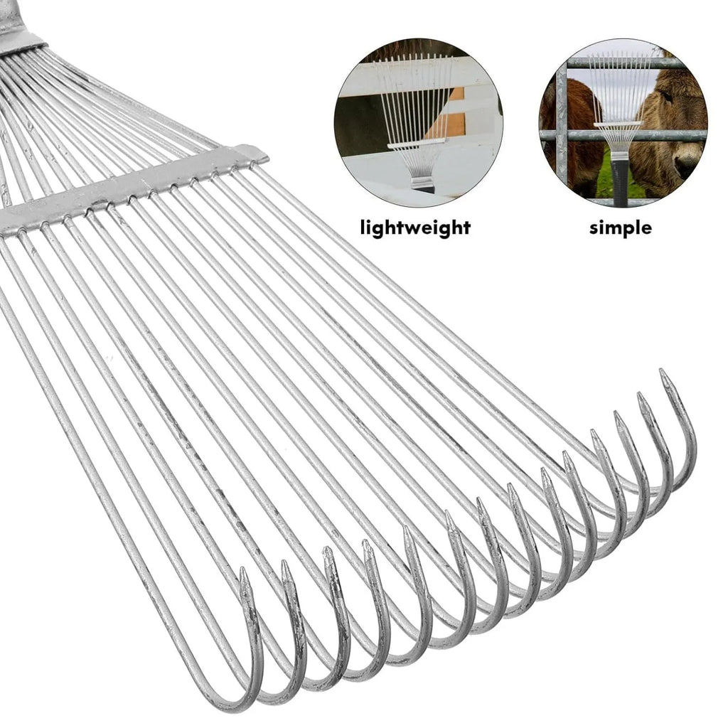 Black stainless steel pet grooming rake comb with curved teeth, shown on a plain background.