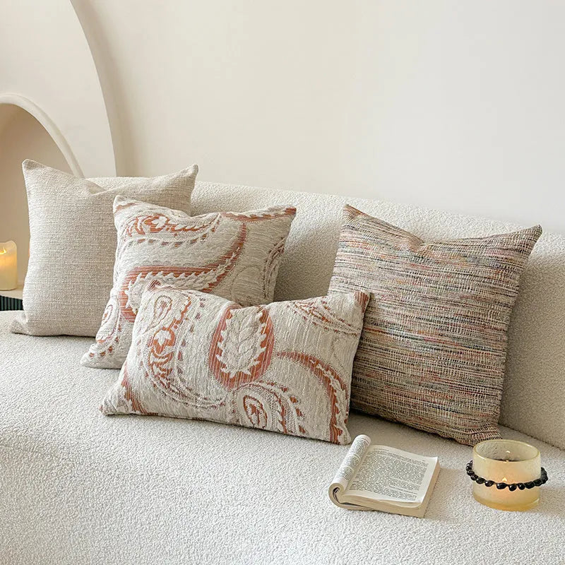 American-style jacquard paisley sofa cushion in amber colour with plant and flower pattern