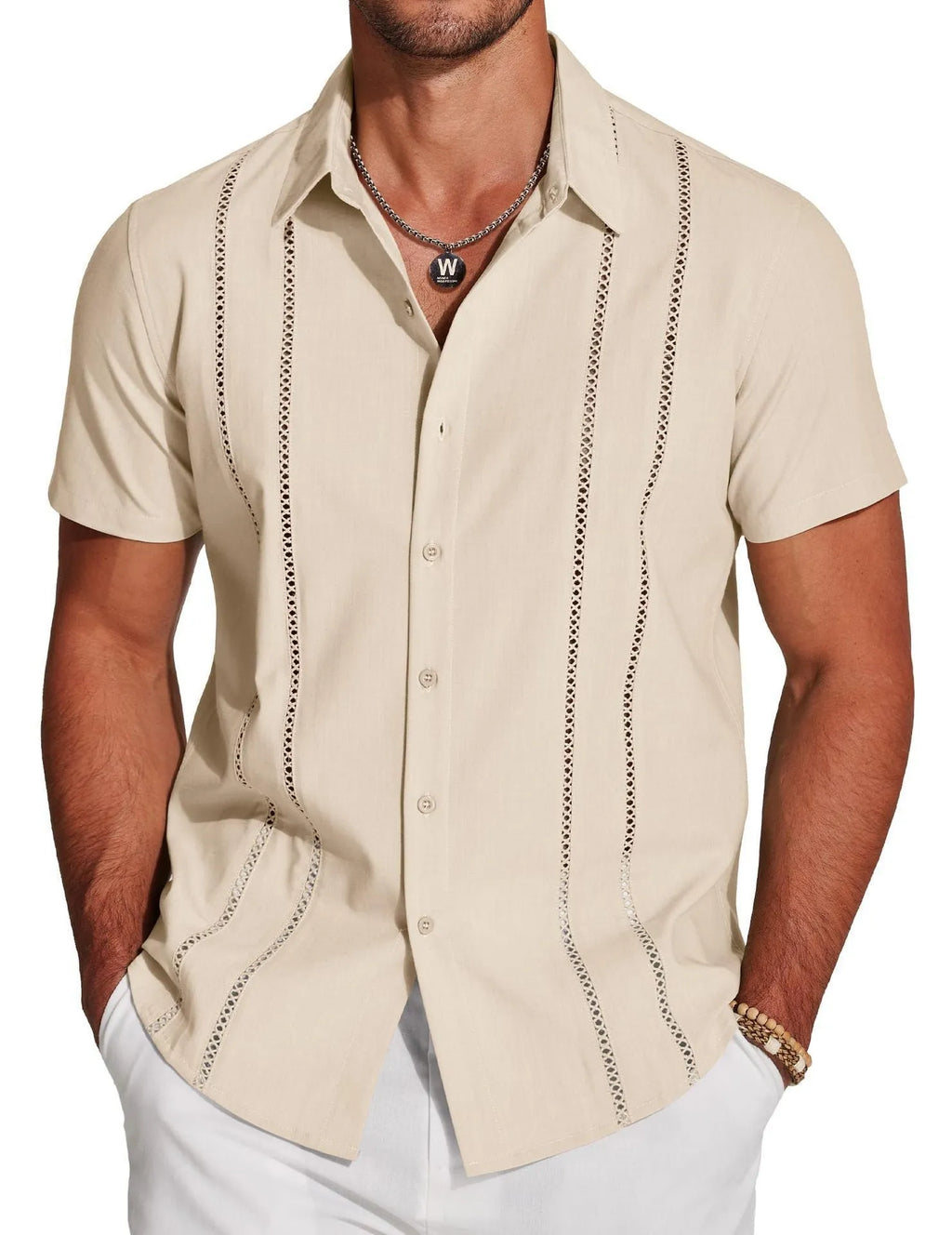 Men's slim fit Hawaiian short sleeve shirt with digital printed pattern in cardigan style