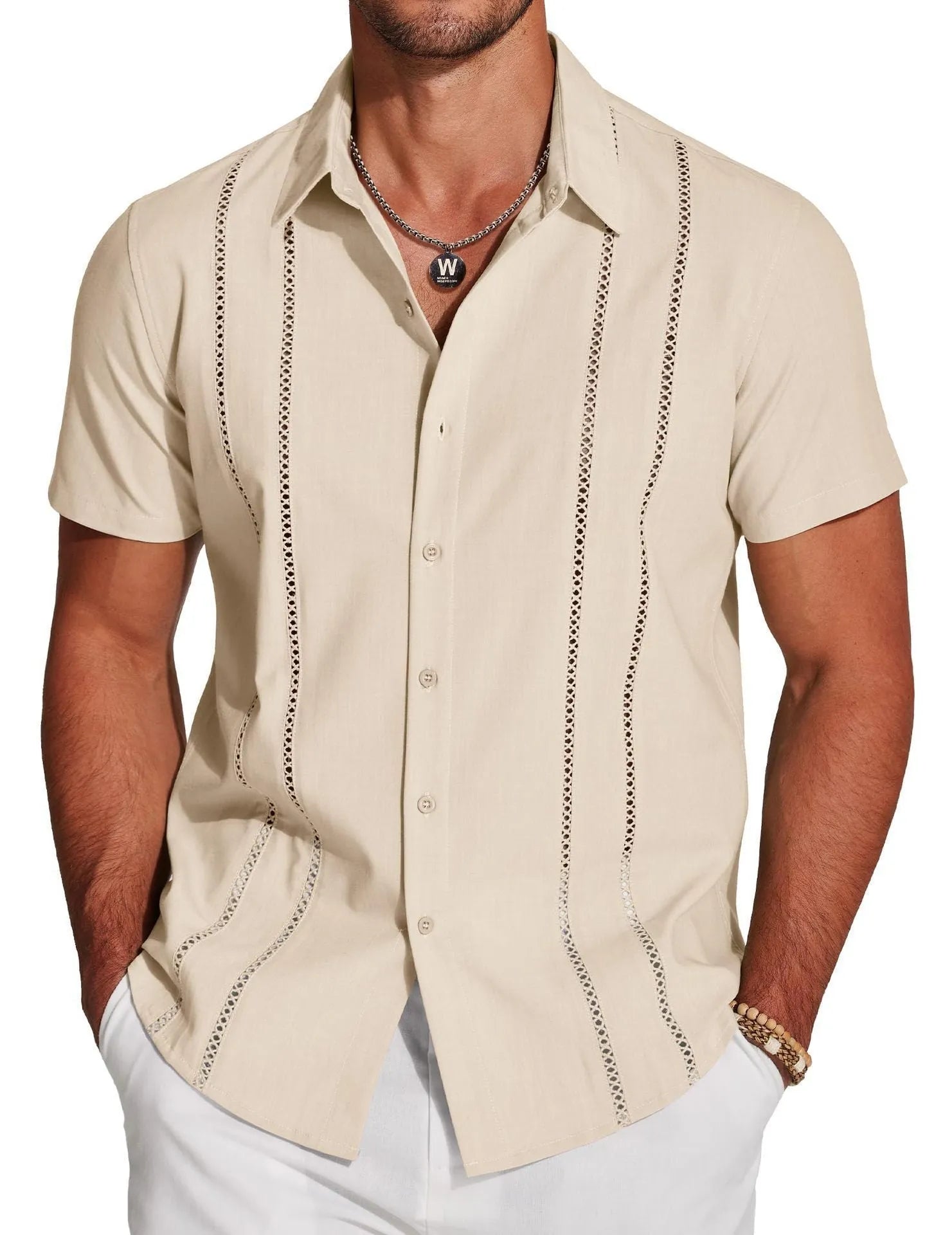 Men's slim fit Hawaiian short sleeve shirt with digital printed pattern in cardigan style