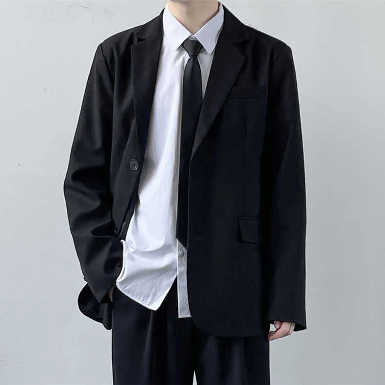 Plus size men's college style suit jacket set with trousers, white shirt and tie in loose fit