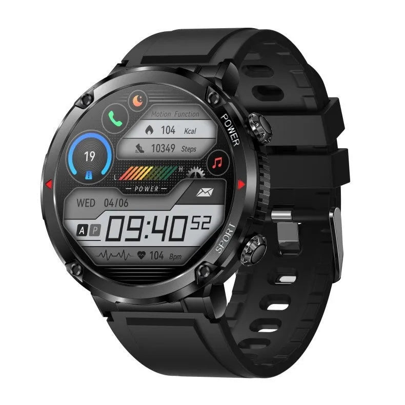 Black T30 Smart Watch with 52mm IPS screen showing Bluetooth calling interface and silicone strap