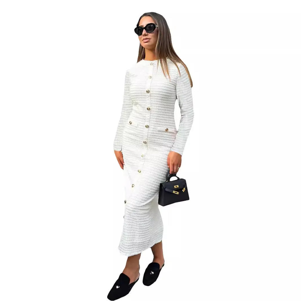 French retro slim fit knitted long-sleeved dress with button details in black colour