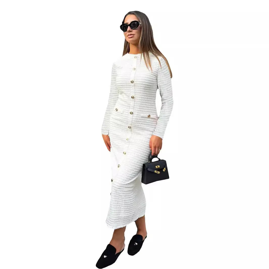 French retro slim fit knitted long-sleeved dress with button details in black colour