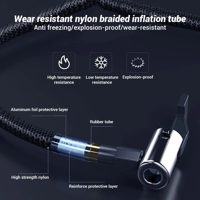 Wireless digital display tyre inflator pump with LED light showing pressure reading on screen