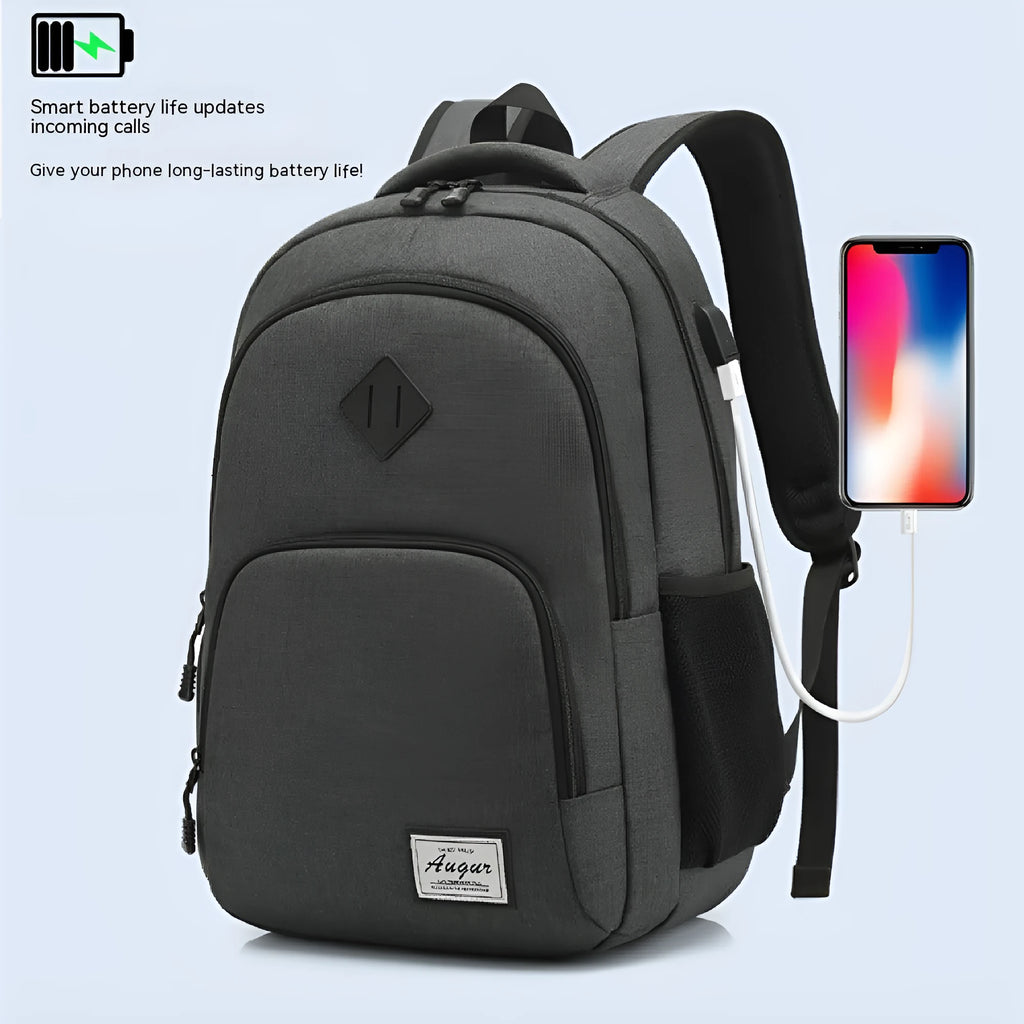 USB charging backpack in nylon fabric with trolley attachment strap