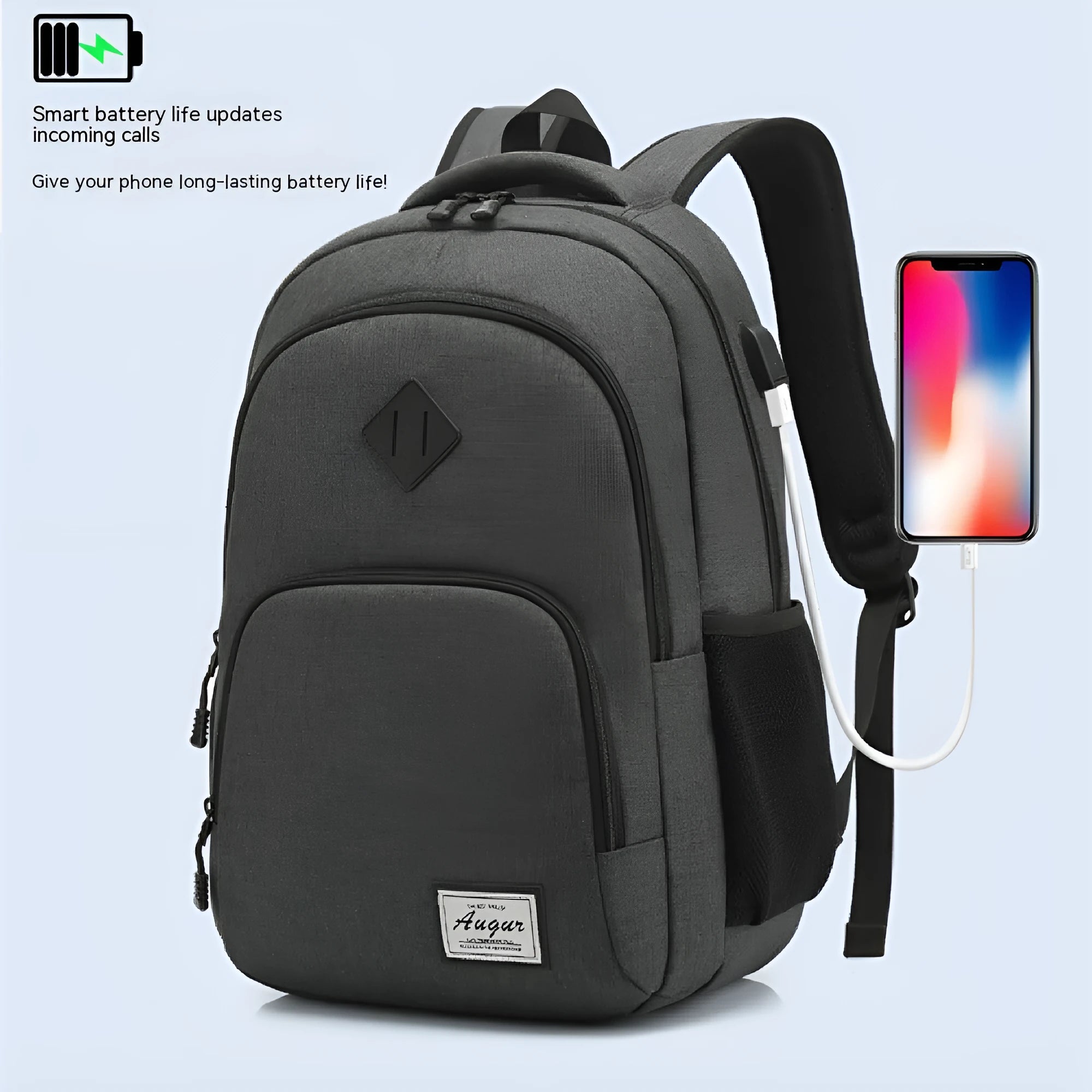 USB charging backpack in nylon fabric with trolley attachment strap