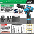 12V cordless impact pistol drill with metal chuck and accessories in plastic storage case