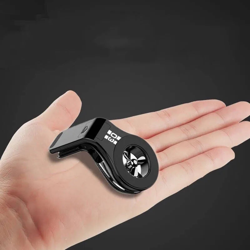 Magnetic car phone holder mounted on car air vent with smartphone attached and adjustable angle bracket