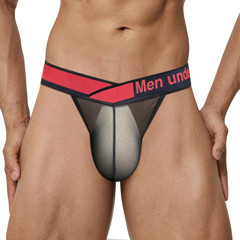 Men's transparent ice silk underwear briefs with large V gradient high cut design in black colour