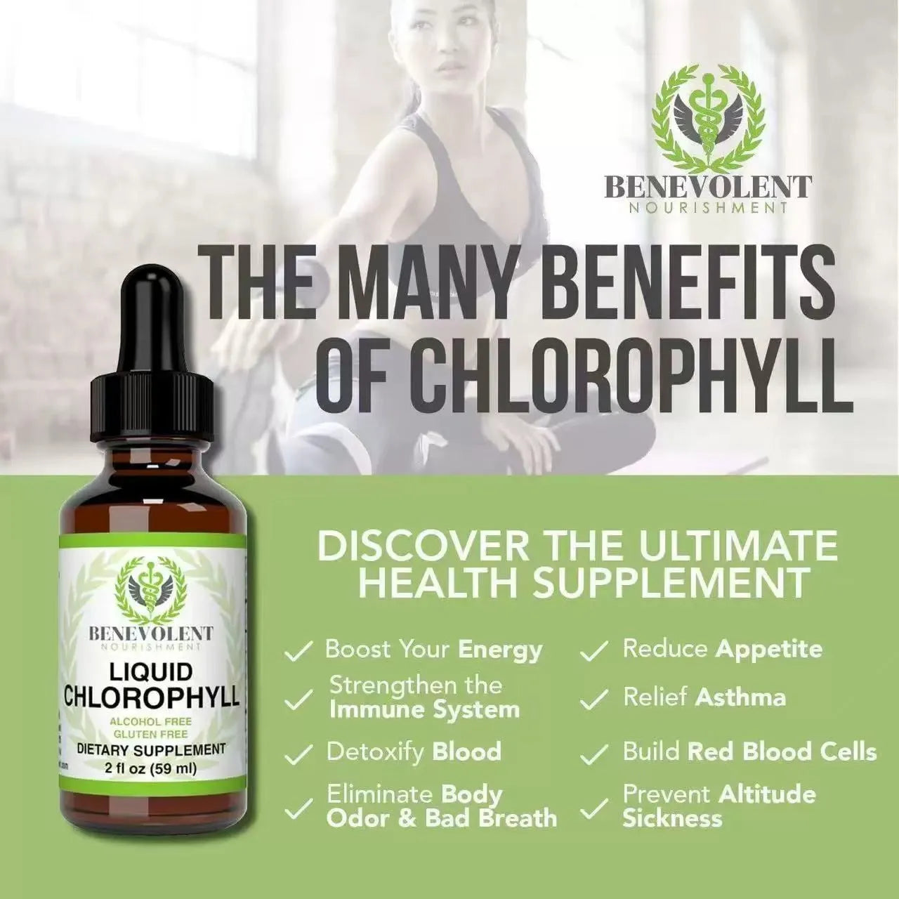 60ml glass bottle of natural green liquid chlorophyll drops for adult intestinal support.