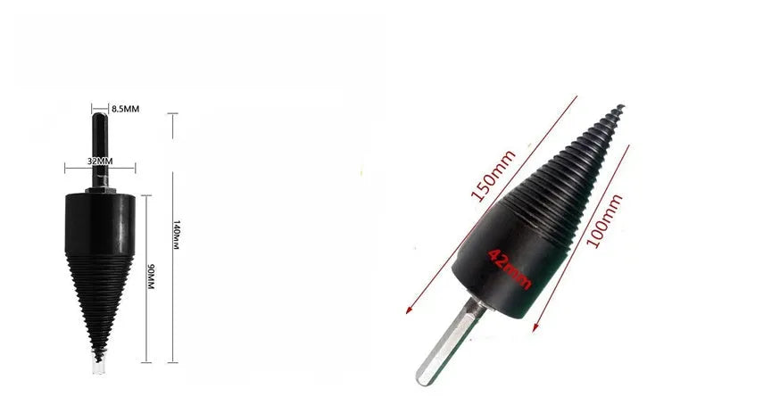 Hexagonal metal wood splitting drill bit with conical tip for electric drills, shown in 32mm and 42mm sizes.