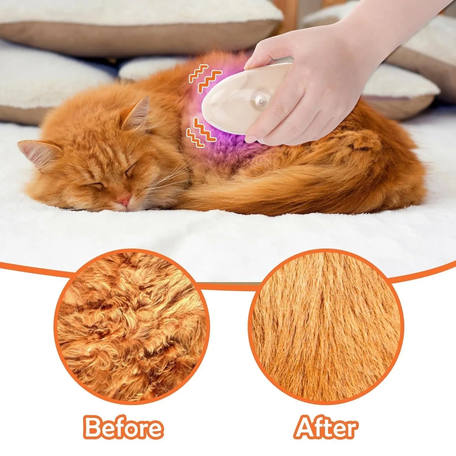 Yellow 4-in-1 cat steam brush with silicone teeth, water tank, USB port, and UV ringworm detection lamp.