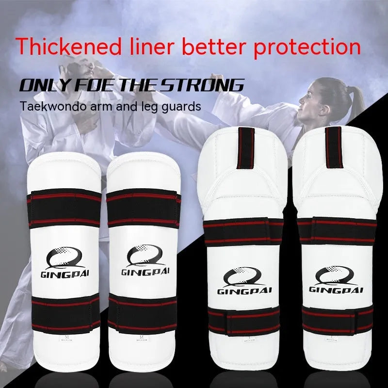 Taekwondo protective gear set showing leggings, arm guard and leg protector in PU EVA material