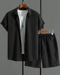 Men's Jacquard polyester blend short sleeve suit with matching shorts in solid colour