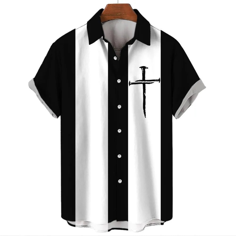 Men's striped Hawaiian short sleeve casual shirt on a hanger.