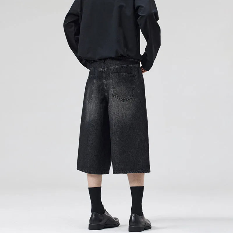 Men's straight-leg denim shorts in cropped length showing vintage blue colour option
