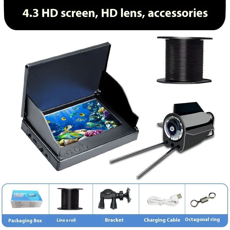 Fish finder underwater camera system with 4.3-inch display screen, camera unit, and cable on a blue background.