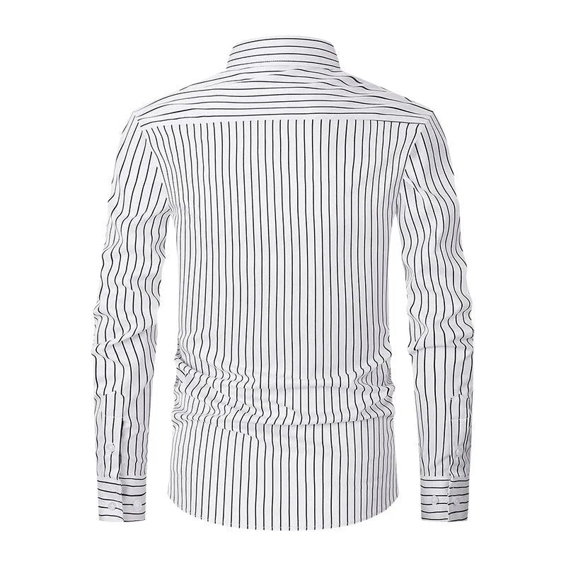 Men's slim fit striped long sleeve shirt in ice silk polyester blend for business wear.