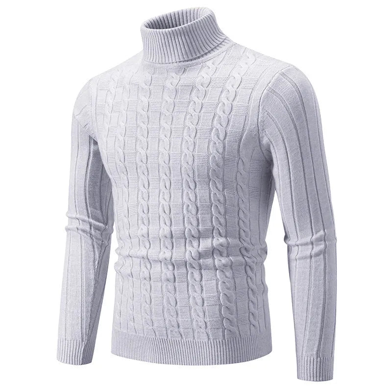 Men's slim fit chenille turtleneck pullover in grey, showing the twisted knit texture and collar.