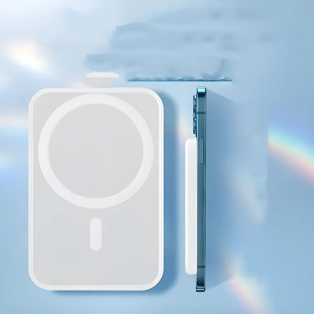 White magnetic wireless charger power bank with 5000mAh capacity and creative design