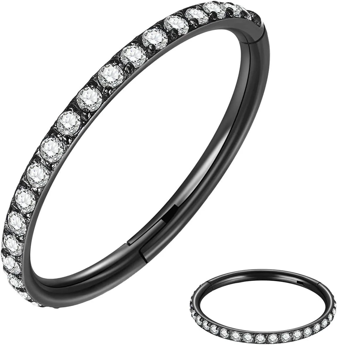 Stainless steel seamless nose ring with diamond detail showing round shape and colour finish options