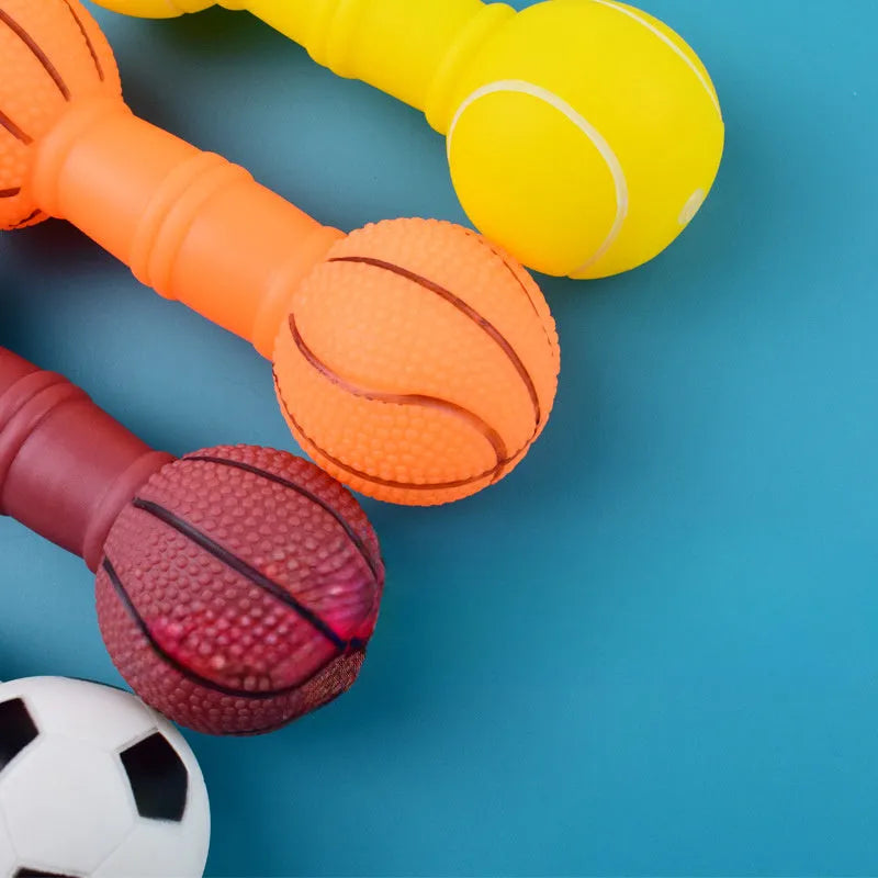 PVC football dumbbell shaped squeaky dog toy in four colour options