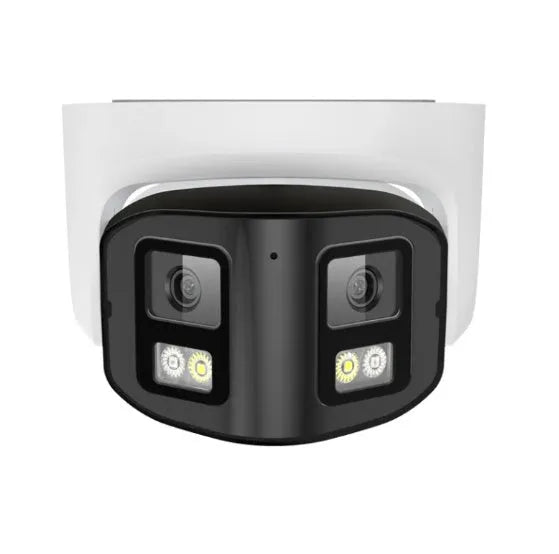 4-megapixel dual-lens panoramic CCTV camera with IP66 waterproof housing for indoor and outdoor security