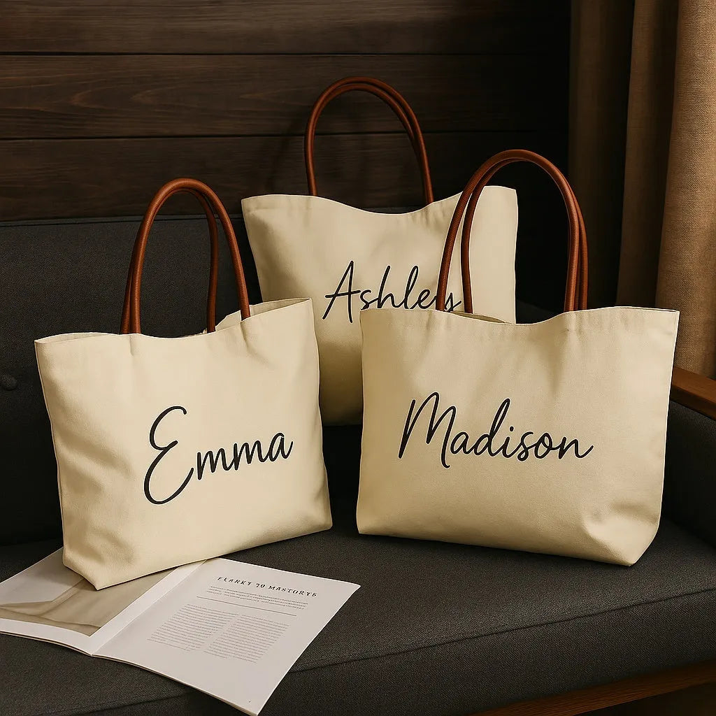 Beige white cotton canvas tote bag with sturdy handles on a plain background.