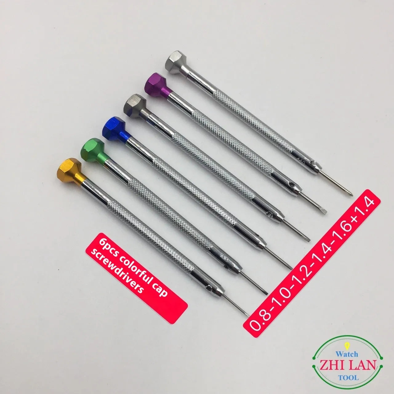 Six colour-coded screwdrivers for watch repair in aluminium case with spring steel cutter heads