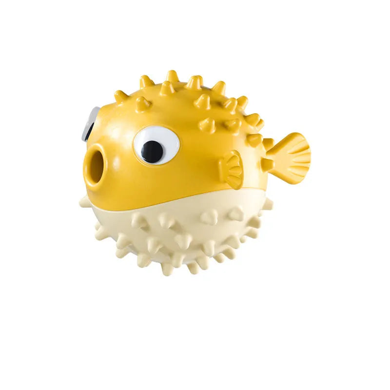 Fish-shaped TPR dog toy with treat dispensing function and bell sound for medium and large dogs