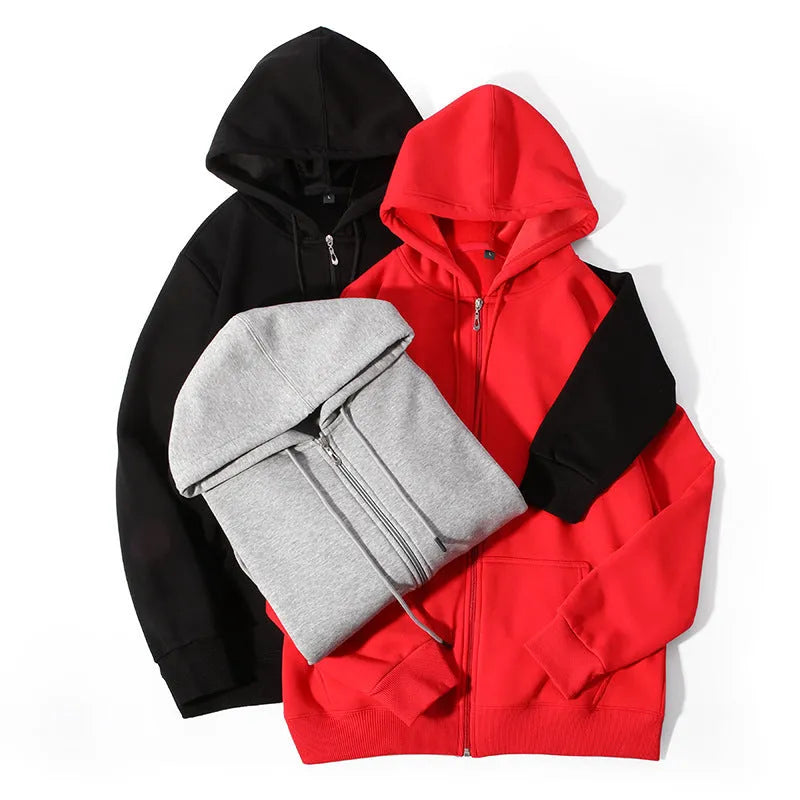 A beige men's plus-size zip-up hooded sweater with top-stitch pockets on a mannequin.