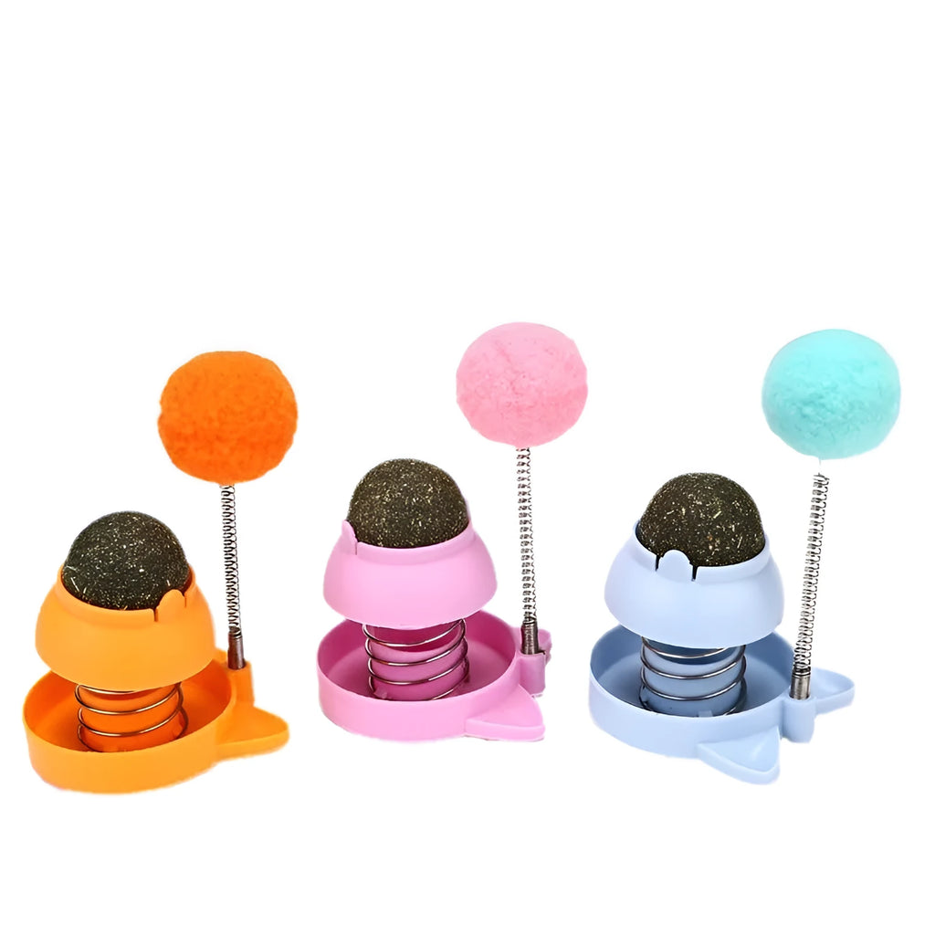 Lucky cat mint ball toy with teasing stick in blue, orange, and pink colour options
