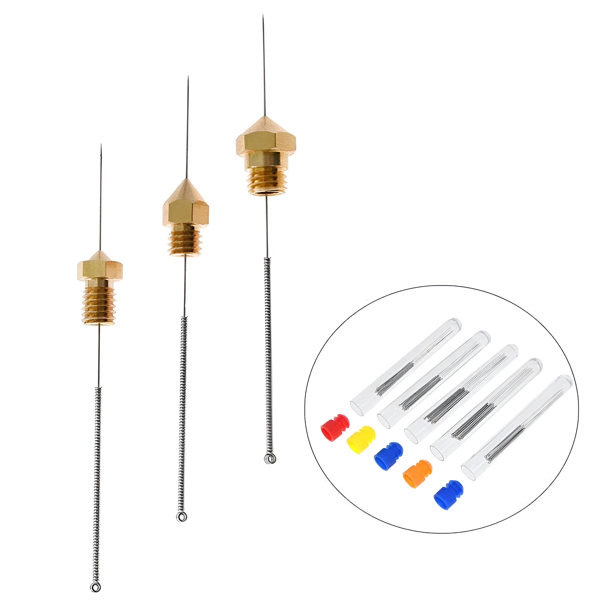 Ten metal cleaning needles for unblocking E3D and Mk8 3D printer nozzles, shown with size options.