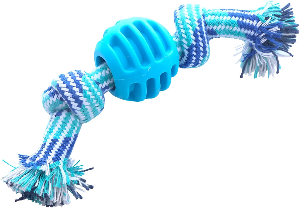 Blue dog chew toy with molar cleaning texture and integrated rope sections for dental health support