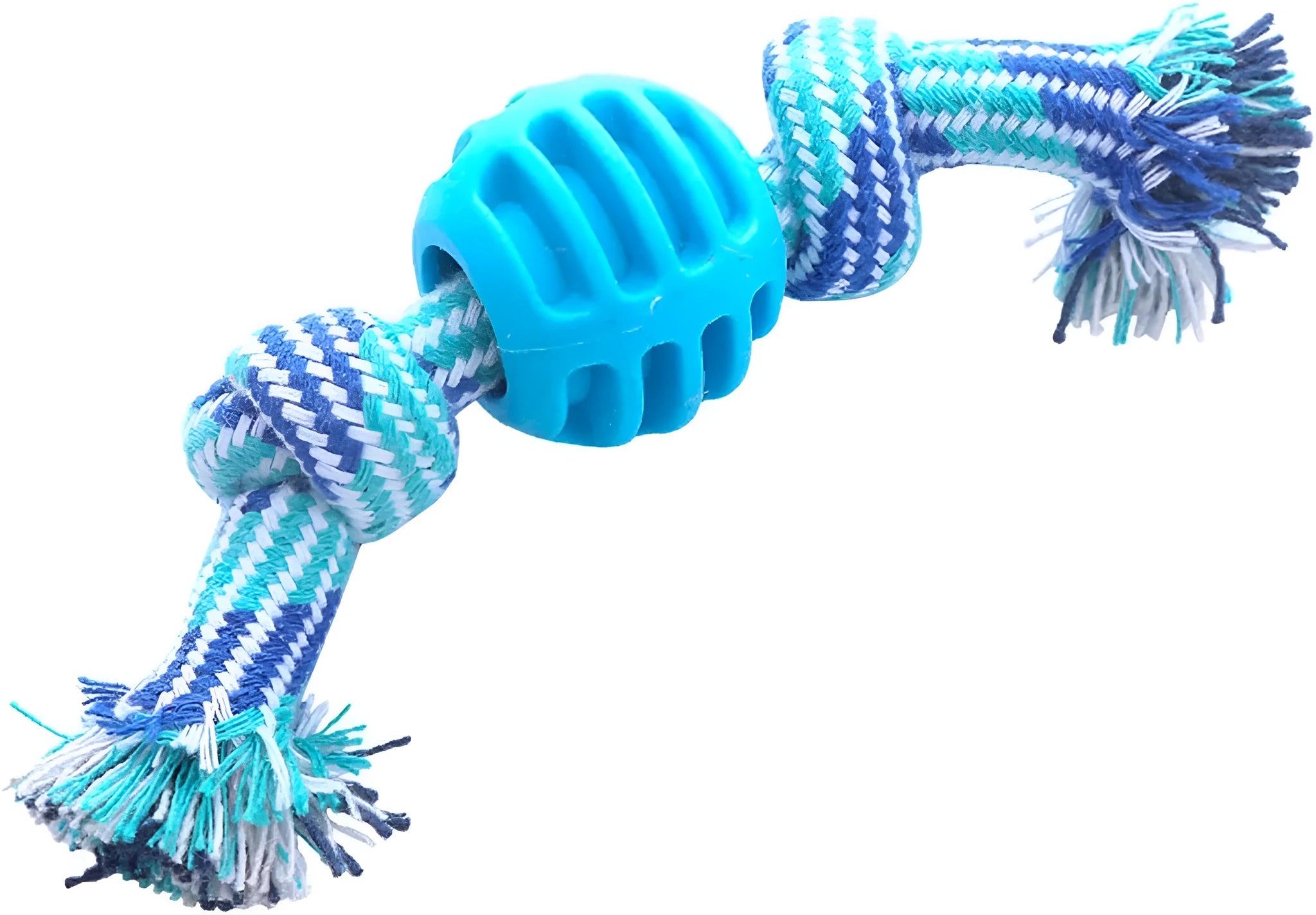 Blue dog chew toy with molar cleaning texture and integrated rope sections for dental health support