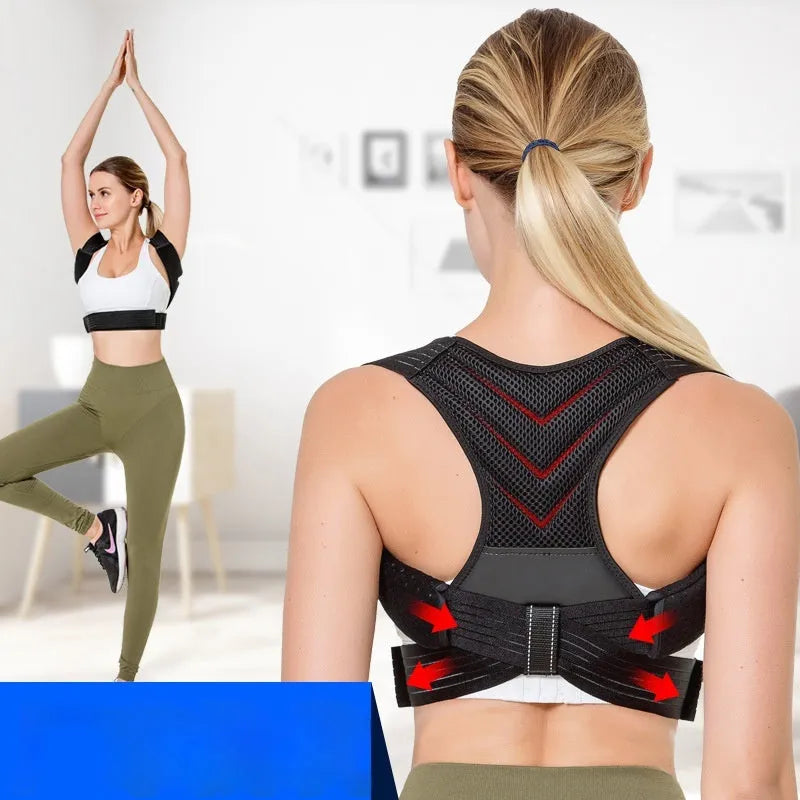 Black adjustable anti-humpback posture correction belt showing shoulder straps and upper back support design